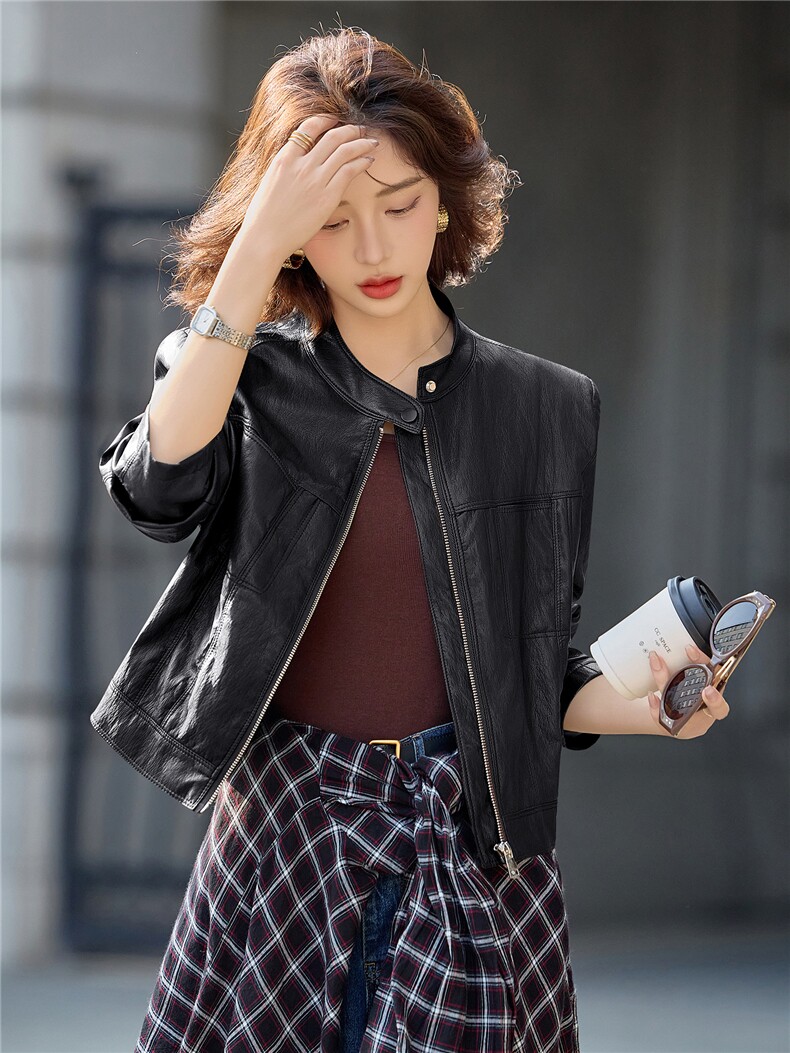 2025年秋季新款时尚机车范儿短款皮衣外套女,女装皮衣,美沁