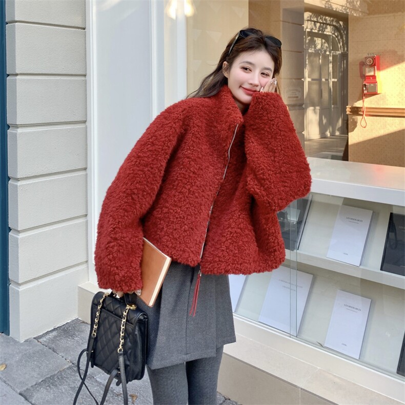韩系立领羊羔毛外套女2026冬季新款短款宽松显瘦保暖皮毛一体外套,女装短外套,2D076