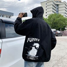 2021秋季新学生大码男猫咪印花连帽港风夹克外套J6002-P65，男装夹克，电商A001