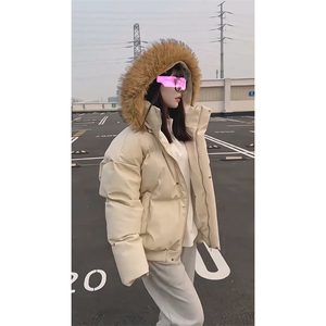 现货三防重磅硬挺boxy短款羽绒棉衣座山雕大毛毛领PU皮棉服外套冬图片
