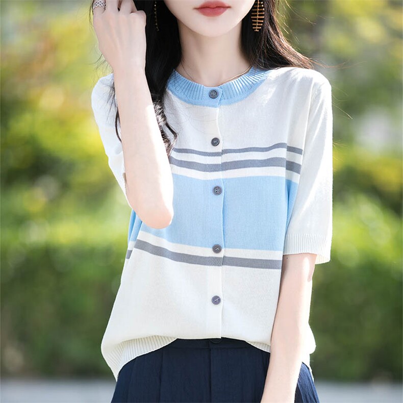夏季新款时尚气质条纹圆领开衫女修身显瘦百搭休闲上衣,针织衫/毛衣,萱芳婷羊绒