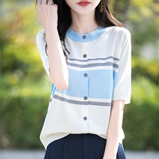 夏季新款时尚气质条纹圆领开衫女修身显瘦百搭休闲上衣，女装针织衫/毛衣，萱芳婷羊绒