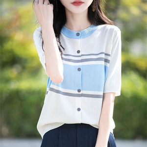 夏季新款时尚气质条纹圆领开衫女修身显瘦百搭休闲上衣图片