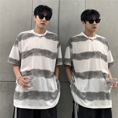 美式复古条纹T恤男款夏季扎染痞帅短袖重磅小领口半袖T702-P28，男装T恤，电商C307A