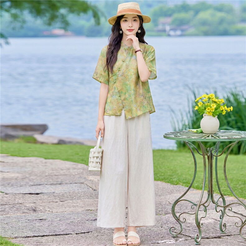 现货2026年夏季新款中式时尚两件套装女小衬衫T恤加天丝麻阔腿裤,女装套装/套裙,璐依舞