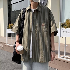 男装日系复古条纹短袖衬衫男夏季宽松半袖休闲情侣衬衣CS003-P29，男装衬衫，星座308B-1