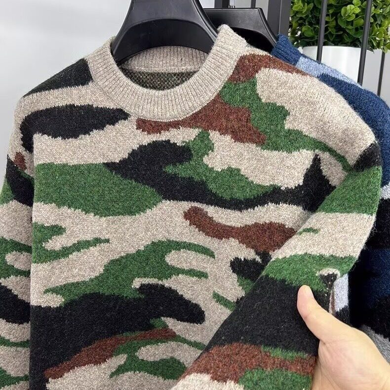 重工复古拼色波浪纹手工粗棒针圆领针织开衫外套毛衣上衣加厚,男装针织衫/毛衣,星座506A