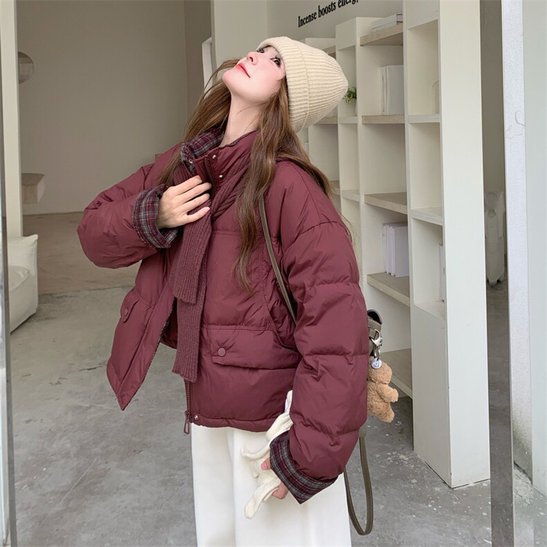 新款韩版宽松立领撞色格子袖口羽绒服短款外套面包服,女装羽绒服,2B114