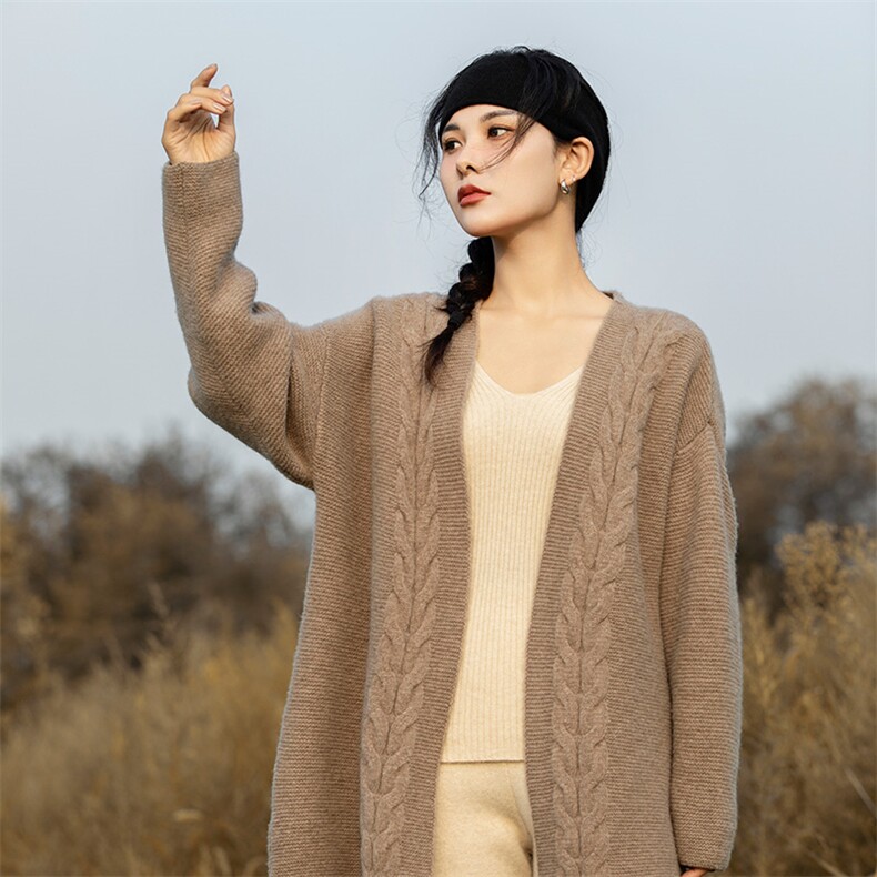 慵懒中长款山开衫女秋冬新款韩版宽松腰带针织外套大衣厚,女装羊毛衫,奢优羊绒