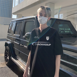 新款抖音直播得物痞帅肌理感V领短袖T7506P25控39图片