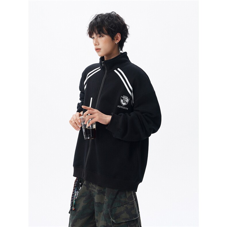 重磅条纹卫衣男开衫大码立领拼接上衣美式运动拉链外套JK5207/P65,女装短外套,电商B238