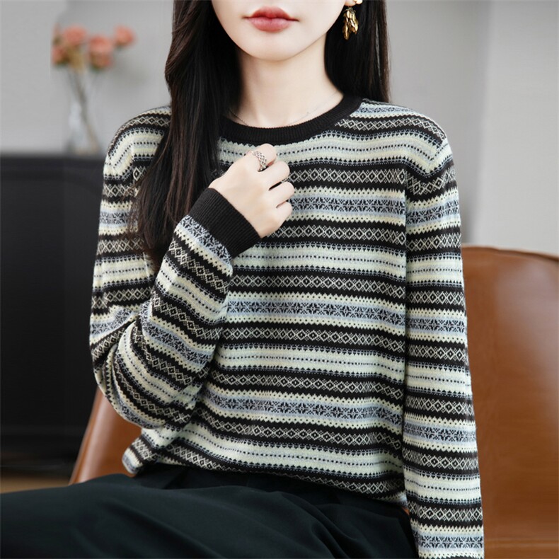2025年秋季单件长袖羊毛拼色彩条时尚百搭通勤,女装羊毛衫,暖娇绒包芯纱店