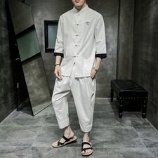 2021夏季新款中国风套装男大码唐装七分袖衬衫男休闲裤TZ073/P100，男装套装，电商A008