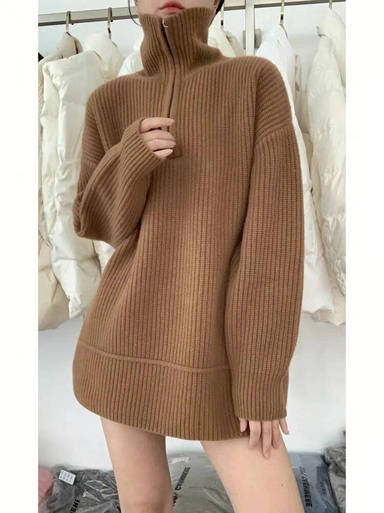 高级感半拉链35%羊绒女秋冬加厚外穿宽松慵懒风翻领针织衫，女装羊绒衫，以美红杉羊绒