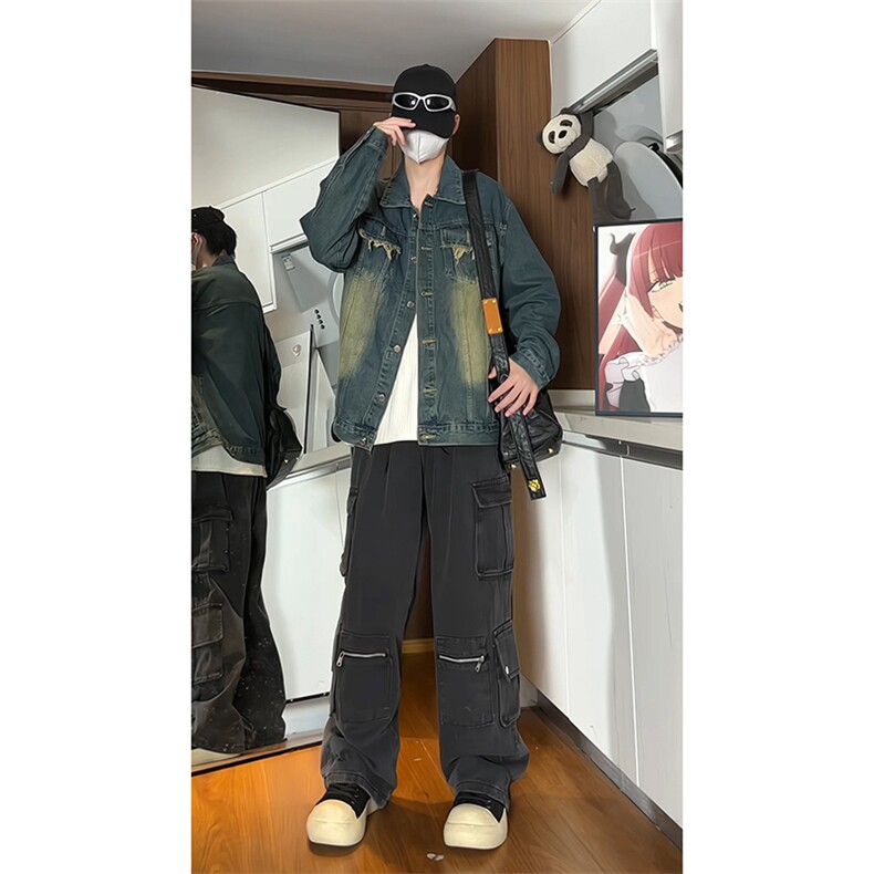 宽松毛边深蓝色夹克外套男牛仔衣KD639-P75,男装工装外套,电商D312-1