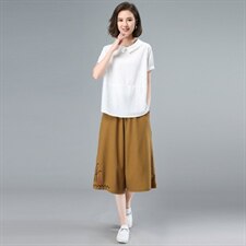 2021夏季新款简约时尚气质翻领个性减龄绣花七分阔腿裤棉麻两件套，女装套装/套裙，奕阳依阁