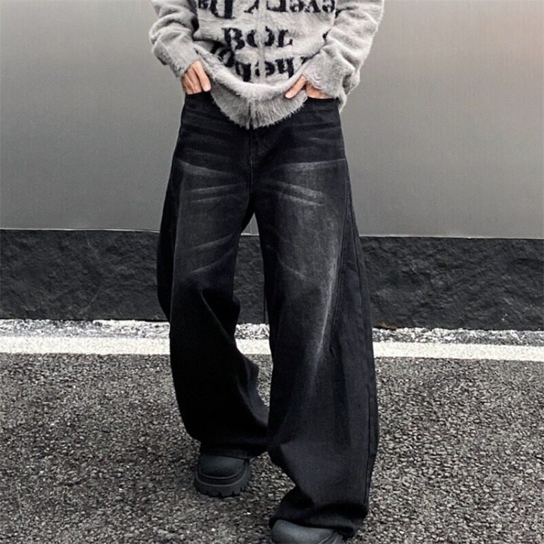 2025新款春季休闲直筒立体裁剪水洗牛仔裤男女宽松阔腿拖地长裤,男装牛仔裤,星座506A