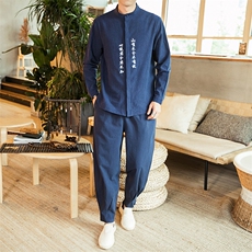 2021春季新款男装中国风刺绣套装棉麻两件套衬衫+裤子TZ03，男装套装，电商B277(原6028)