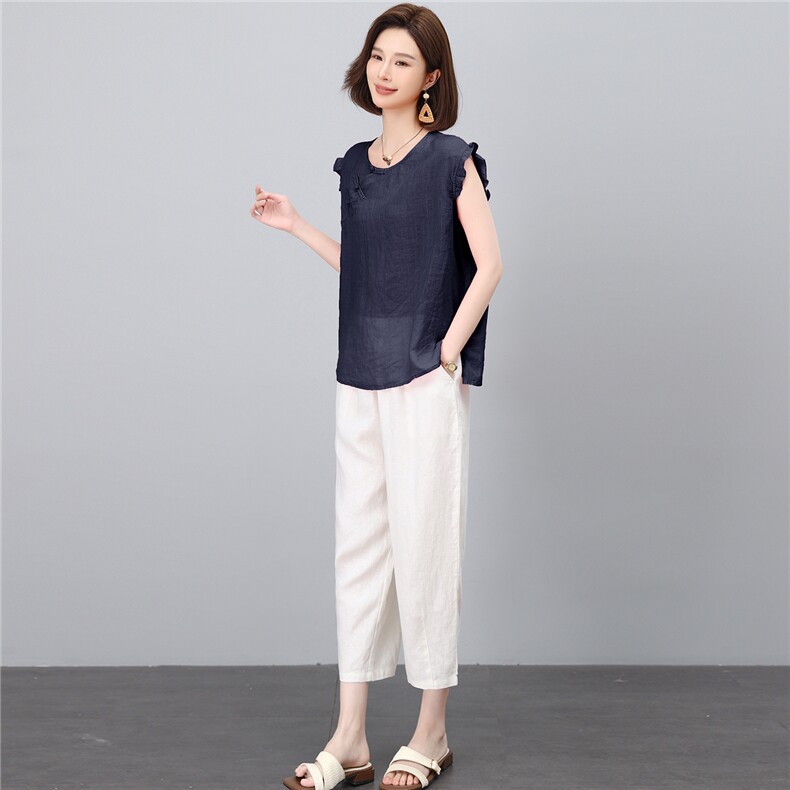 棉麻套装女2026夏季新款中年妈妈洋气减龄苎麻条纹衬衫休闲两件套,女装套装/套裙,独衣靓