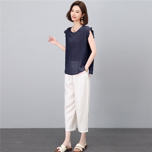 棉麻套装女2026夏季新款中年妈妈洋气减龄苎麻条纹衬衫休闲两件套，女装套装/套裙，独衣靓