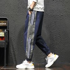 2021秋季日系新条纹拼接瓷砖风大码男刺绣九分裤休闲裤K2006-P45，男装休闲裤，电商A001