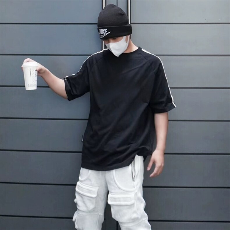 抖音得物高品质二开240克宽松纯棉美式潮牌三条杠织带短袖T恤，男装T恤，电商A486-1