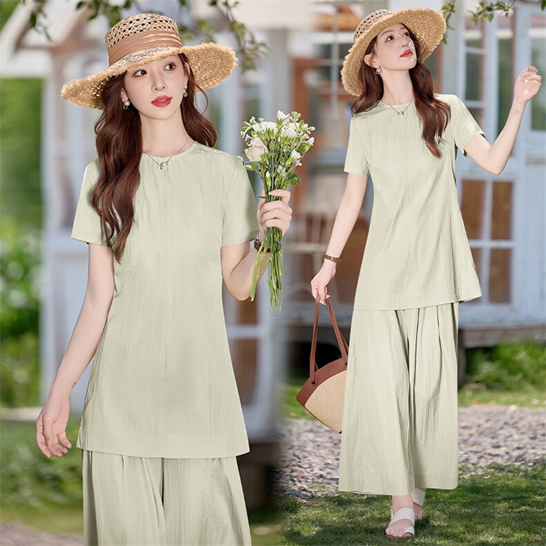 时尚简约休闲套装女2025夏新款气质减龄显瘦短袖上衣阔腿裤两件套，女装套装/套裙，水衣源