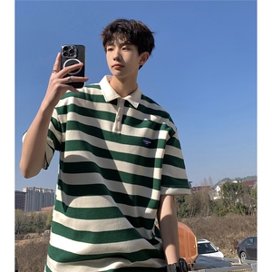 1美式港风条纹短袖polo衫大码M-5XL翻领短袖T恤男DP8761P40控59图片