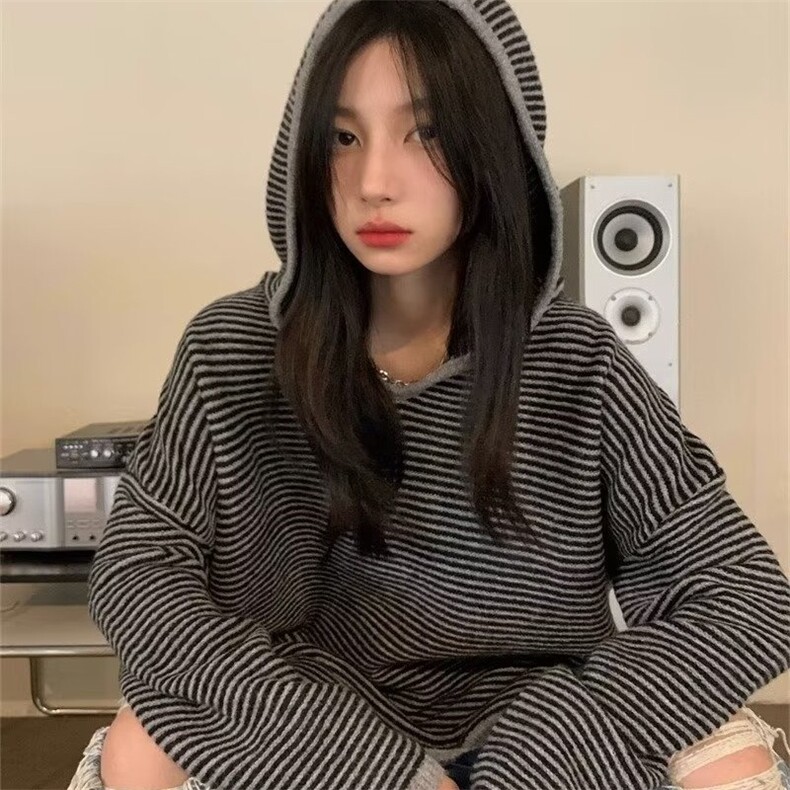 欧洲站时尚条纹针织衫女2025春装新款连帽设计长袖宽松中长款毛衣,男装针织衫/毛衣,星座1210-1