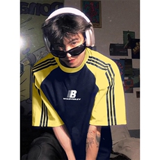抖音得物品质二开240克宽松纯棉美式潮牌插肩三杠织带短袖T恤，男装T恤，电商A486-1