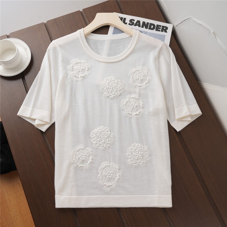 2025年夏季鄂尔多斯重磅雪绒花圆领黄金羊毛套头衫时尚百搭，女装T恤，绒崒