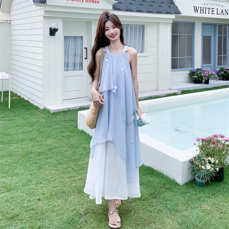 长裙夏季连衣裙蓝色法式度假裙女装大码性感风通勤风，女装连衣裙，2C131