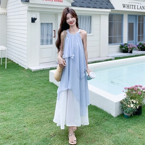 长裙夏季连衣裙蓝色法式度假裙女装大码性感风通勤风图片