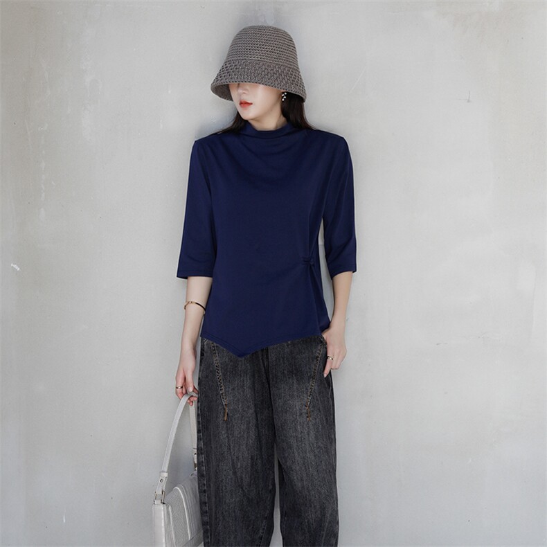 2021春秋季中高领优雅时尚中袖T恤简约时尚舒适百搭气质，女装T恤，小林双子