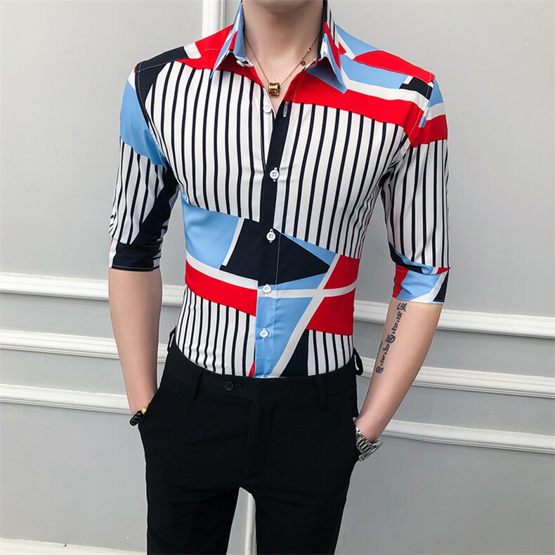 233-P55 2025新款潮流条纹衬衫男士中袖韩版衬衣上衣图片