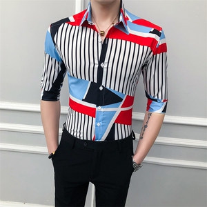 233-P55 2025新款潮流条纹衬衫男士中袖韩版衬衣上衣图片