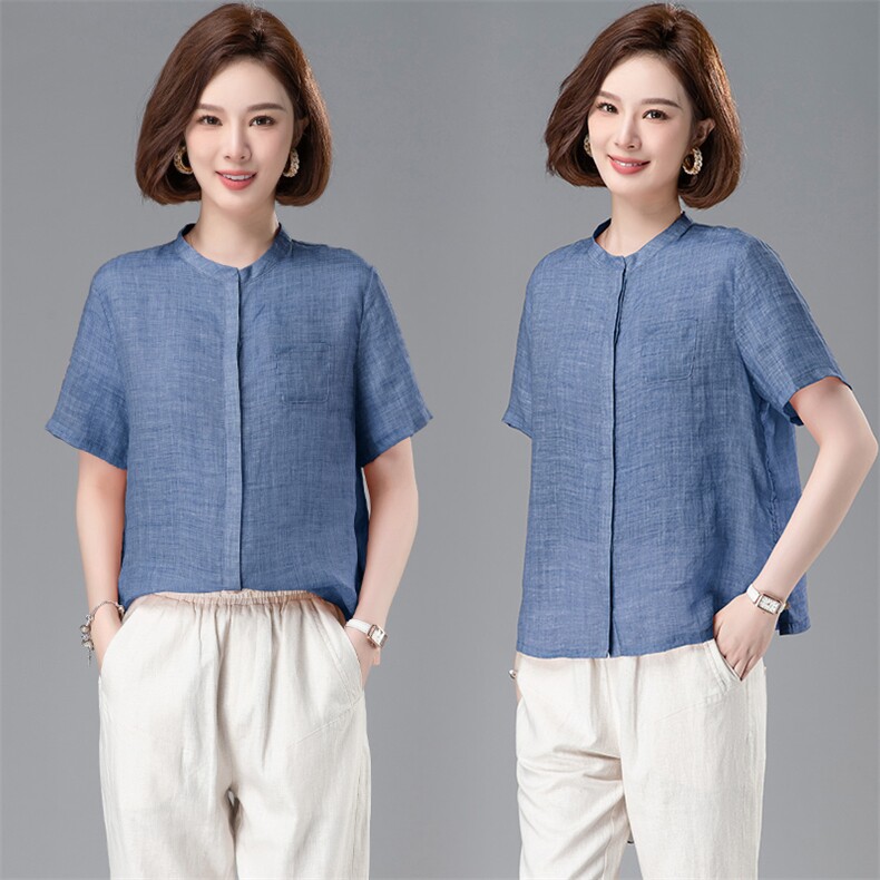 棉麻衬衫女2024夏季新款中年妈妈I洋气亚麻小个子时尚,女装衬衫,阿丹