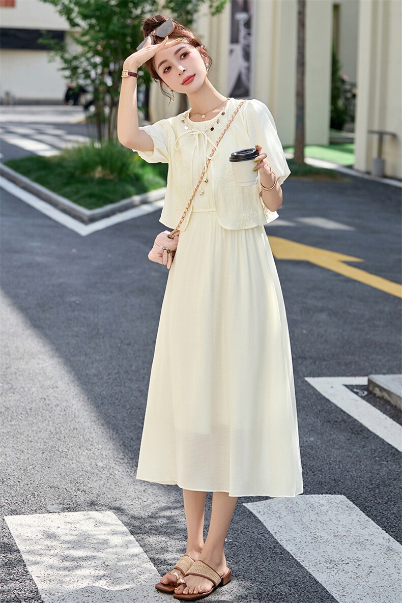 刺绣马甲小披肩短袖连衣裙两件套女2025夏季新款小香风气质套装裙,女装连衣裙,英标秀（1C119）
