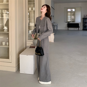 韩版小香风套装女2025早春新款高级感休闲时尚洋气阔腿长裤两件套图片