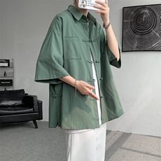 新中式男装侧开叉亚麻衬衫短袖男夏季薄款国风盘扣衬衣七分袖唐装，男装衬衫，电商D232