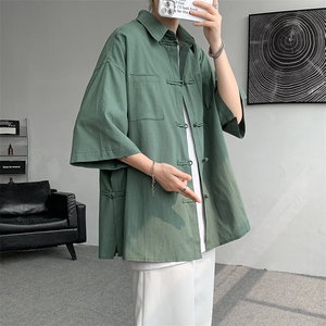 新中式男装侧开叉亚麻衬衫短袖男夏季薄款国风盘扣衬衣七分袖唐装图片