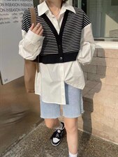 现货欧货春装新款条纹拼接衬衫，女装衬衫，AT(2F)