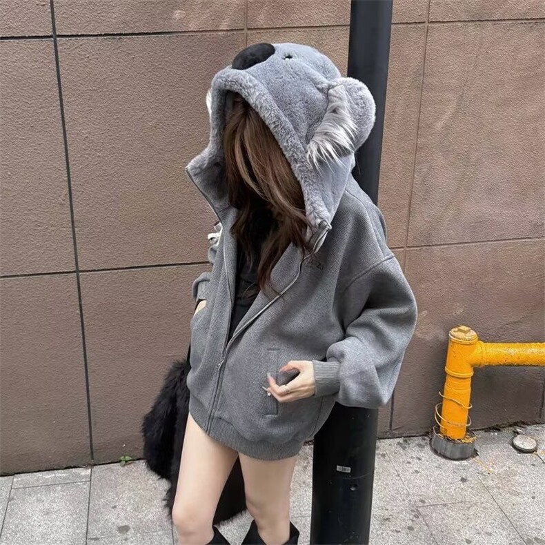 欧美风宽松慵懒考拉熊棉衣开衫女秋冬季灰色拉链外套,男装棉衣,星座506A