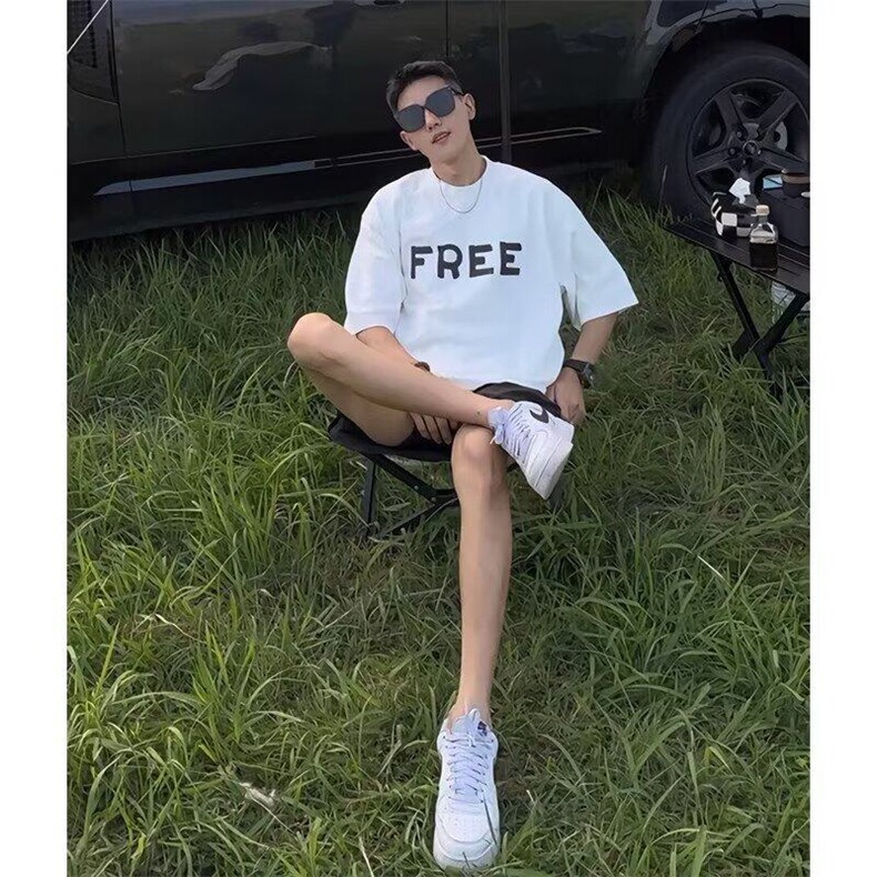 重磅字母印花t恤男夏季美式短袖高级感螺纹棉五分袖,男装T恤,星座506A