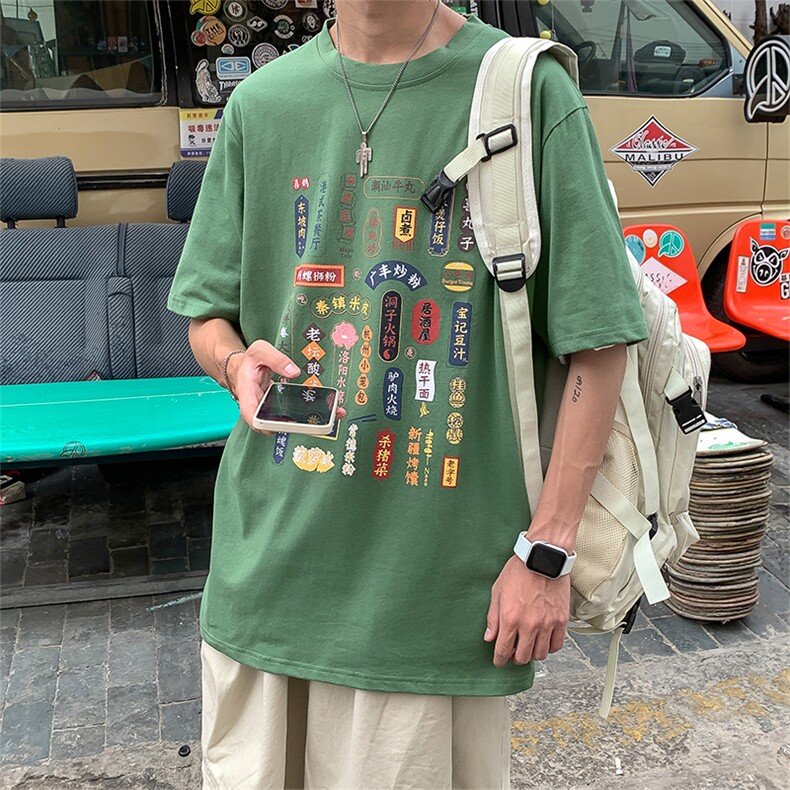 港风夏季短袖t恤男潮流宽松文字印花半袖体恤衫T100p35限49,男装T恤,电商A089-1