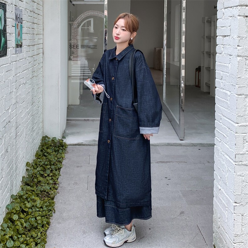 高级感单排扣设计感牛仔外套半身裙两件套女韩系气质时髦长款风衣,女装套装/套裙,2C112