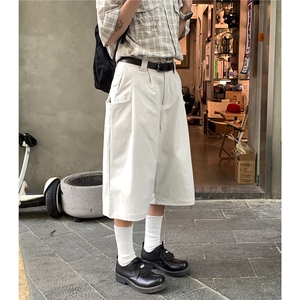 日系复古白色七分裤潮牌街头夏季宽松马裤男女休闲设计感工装短裤图片