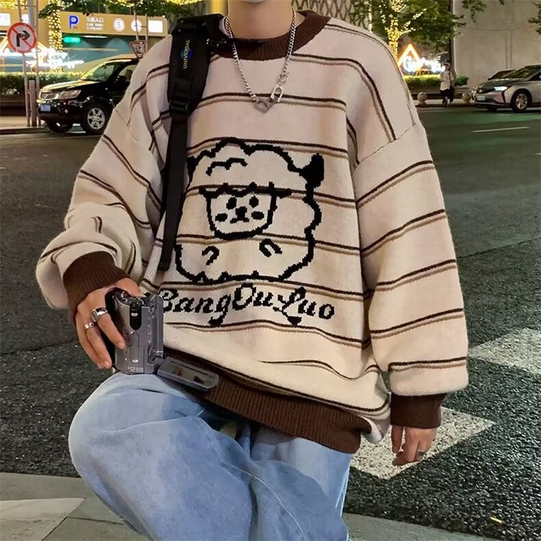 慵懒风情侣毛衣冬季潮流条纹针织衫男女宽松加厚线衣外套M581-p50,男装针织衫/毛衣,星座1008-1