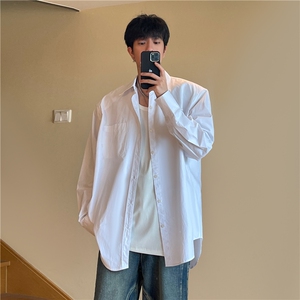 A450-AJ127-P75 控119 早秋男女同款垫肩长袖衬衫纯色图片