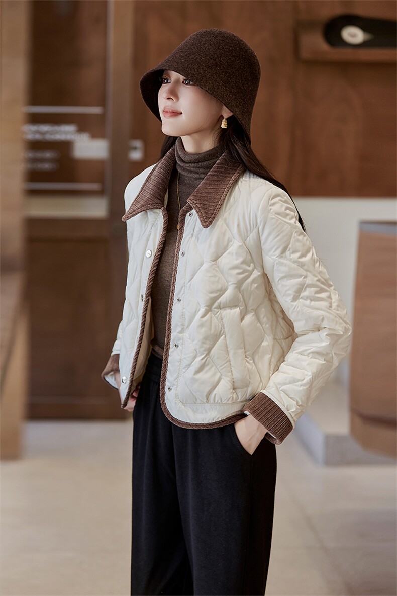 撞色翻领轻薄菱格短款羽绒服女2025冬季新款气质小香风白鸭绒外套,女装羽绒服,蝶眷